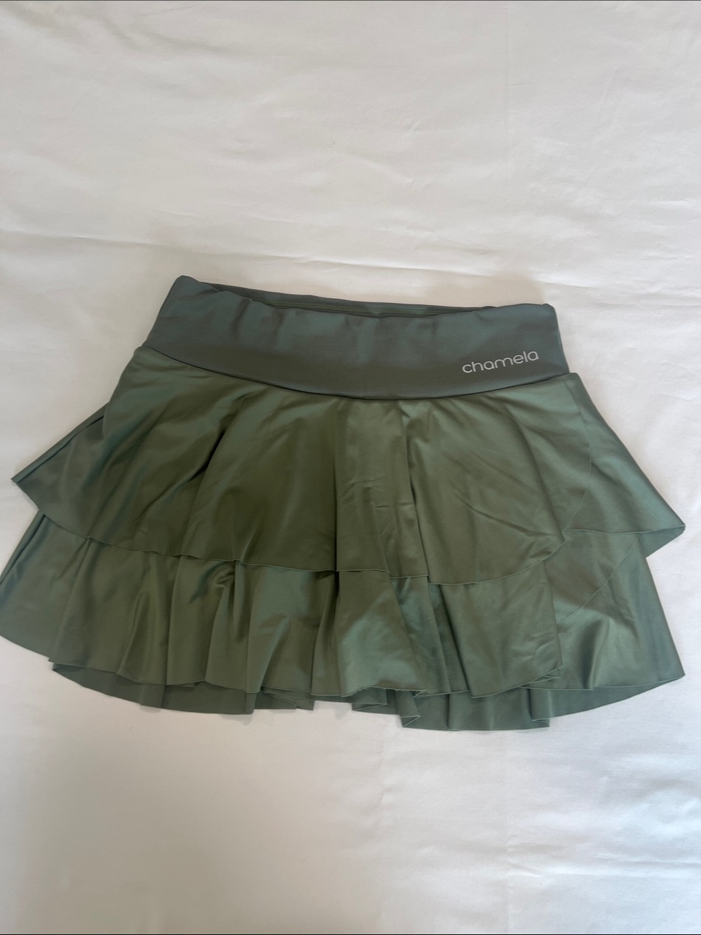 Chamela Olive Green Tiered Skater Skirt with Wide Waistband